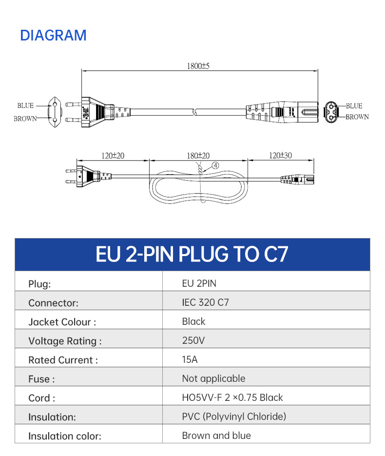 Black H03VVH2-F 2X0.75mm EU Power Cord To C7 (图3)