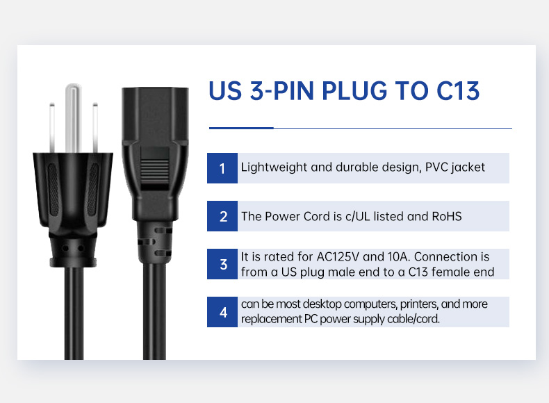 US 3-Pin Angle Plug To IEC 320 C13 AC Power Cord (图2)