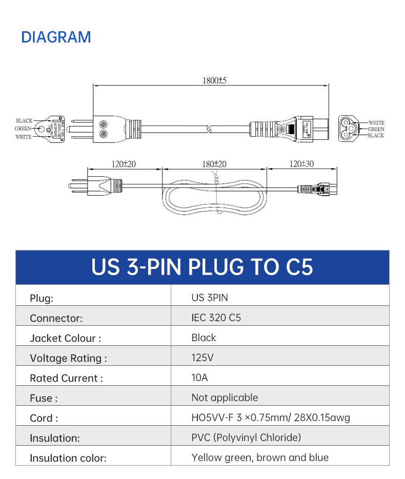 110v US Computer Power Cord IEC C5 3 Prong Connector(图3)