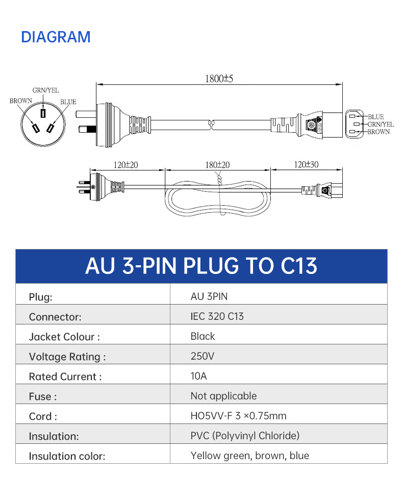 AU 3-pin Plug to C13 AC Extension Power Cord(图3)