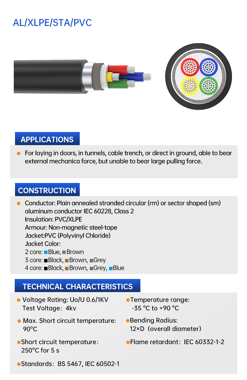 AL/PVC/STA/XLPE sheathed aluminum Armoured Electrical Cable(图3)